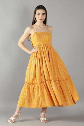 geometric print square neck cotton women's dress - yellow