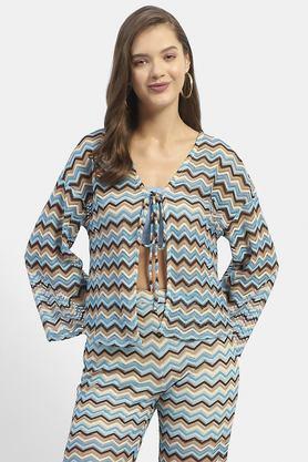 geometric print v-neck polyester women's casual wear shrug - blue