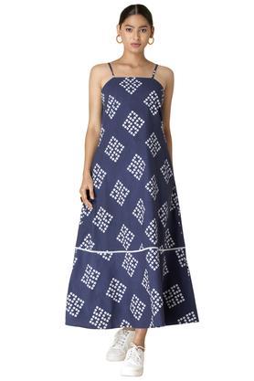 geometric square neck cotton women's regular dress - indigo