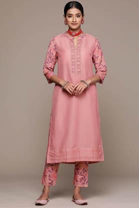 geometric calf length chiffon knit women's kurta pant set - peach