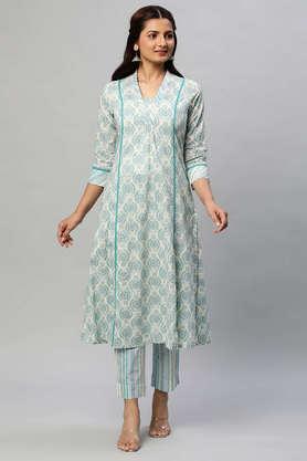 geometric calf length cotton woven women's kurta palazzo set - off white