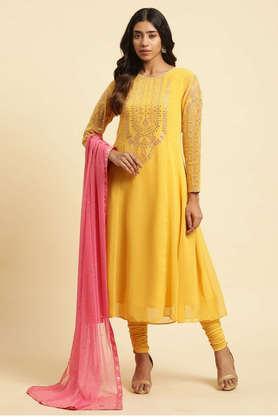 geometric calf length polyester woven women's set - mustard