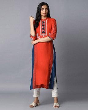 geometric calf length straight kurta