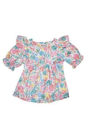 geometric cotton blend round neck girls top - multi