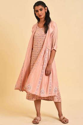 geometric cotton blend round neck women's ethnic dress - light orange