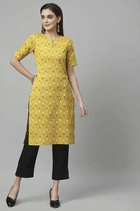 geometric cotton linen blend round neck women's kurta - yellow