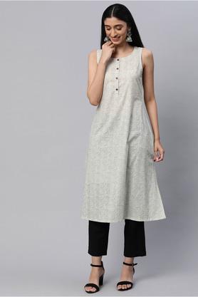 geometric cotton round neck women's casual kurta - off white