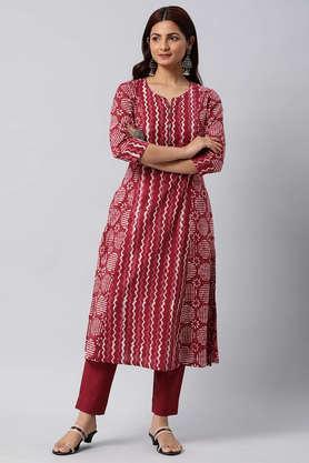 geometric cotton round neck women's casual wear kurta - maroon