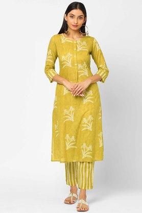 geometric cotton round neck women's ethnic set - yellow