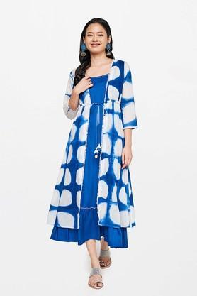 geometric cotton round neck women's kurta trouser set - blue