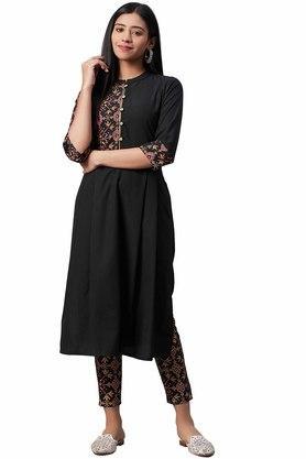 geometric crepe mandarin women's ethnic set - black