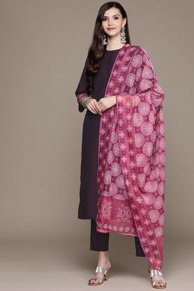 geometric crepe turtle neck women's salwar kurta dupatta set - purple