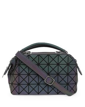 geometric embossed satchel bag with detachable strap