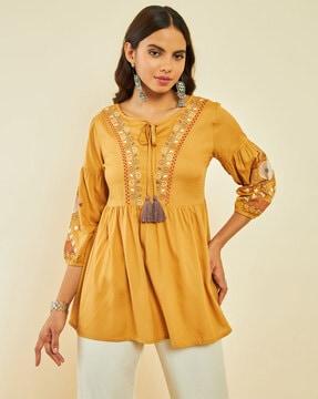 geometric embroidered tunic with neck tie-up