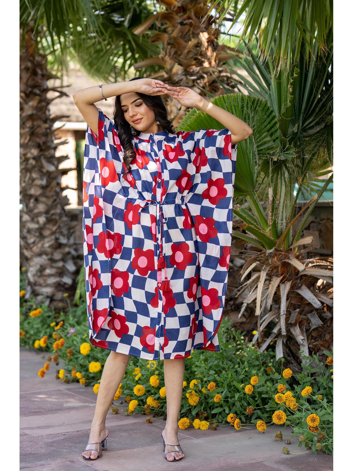 geometric floral hand block printed cotton kaftan dress