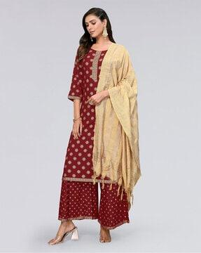 geometric foil print straight kurta set with dupatta