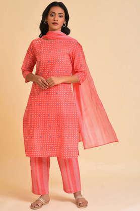 geometric knee length cotton woven women's kurta pant dupatta set - red