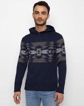 geometric-knit hooded pullover