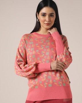 geometric-knit round-neck pullover