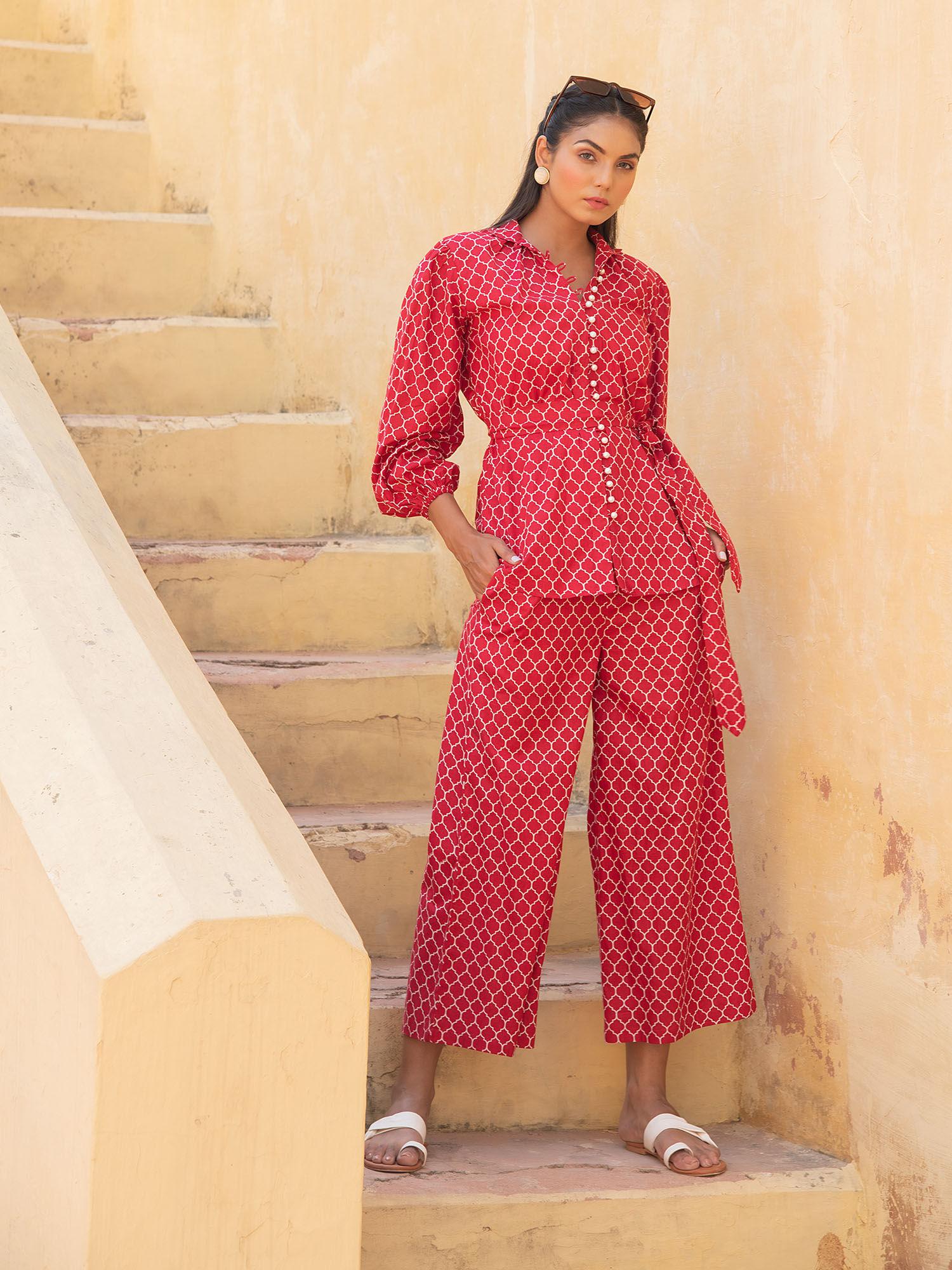 geometric lava red co-ord set with belt (set of 3)