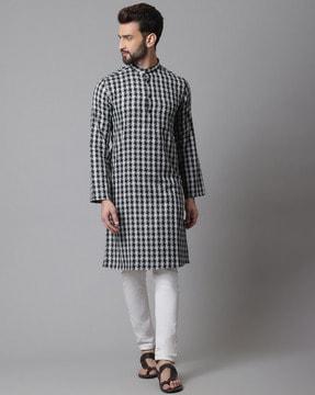 geometric pattern band-collar long kurta