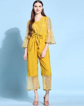 geometric pattern jumpsuit with cinched waist