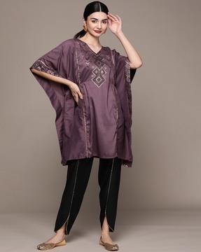 geometric pattern neckline flared kurta suit set