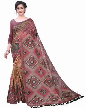 geometric pattern printed saree with tassels