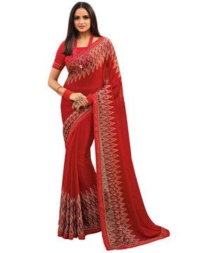 geometric pattern saree with contrast lace border