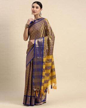 geometric pattern saree with contrast zari border