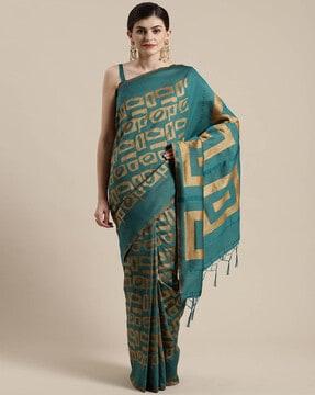 geometric pattern saree with tassels