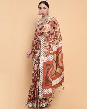 geometric pattern saree with tassels