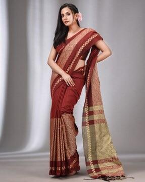 geometric pattern saree with tassels