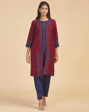 geometric pattern straight kurta suit set with jacket