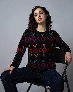geometric pattern sweater dress with round neck
