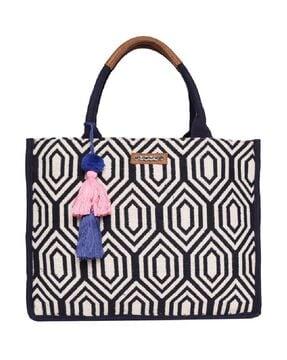 geometric pattern tote bag with tassels accent
