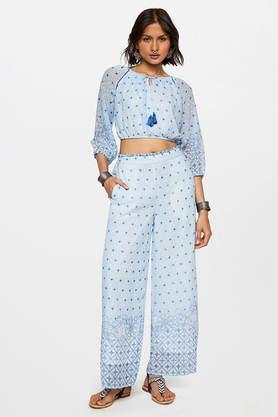 geometric polyester boat neck women's ethnic set - light blue