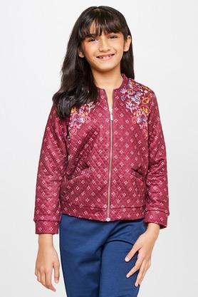 geometric polyester round neck girls jacket - maroon
