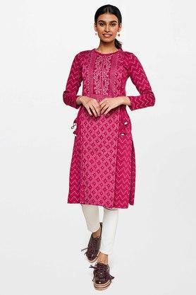 geometric polyester round neck womens kurta - pink
