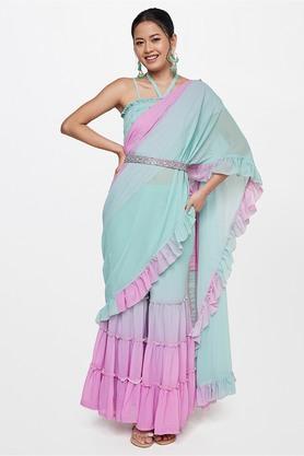 geometric polyester square neck women's festive wear saree - aqua