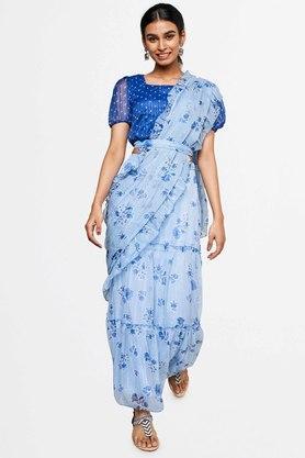 geometric polyester square neck womens stitched saree - blue