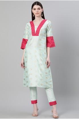 geometric polyester v neck womens kurta - blue