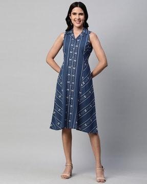 geometric print  a-line dress with notched collar neck