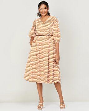 geometric print a-line dress with insert pockets