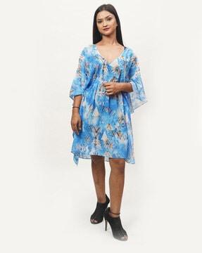 geometric print a-line dress with kaftan sleeves