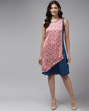 geometric print a-line dress with overlay