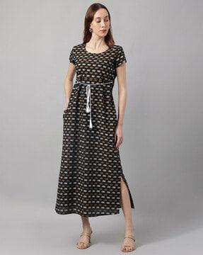 geometric print a-line dress with slit