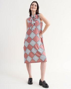 geometric print a-line dress with tie-up neck