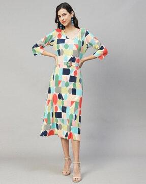 geometric print a-line dress with waist belt