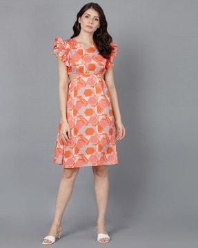 geometric print a-line dress with waist cut